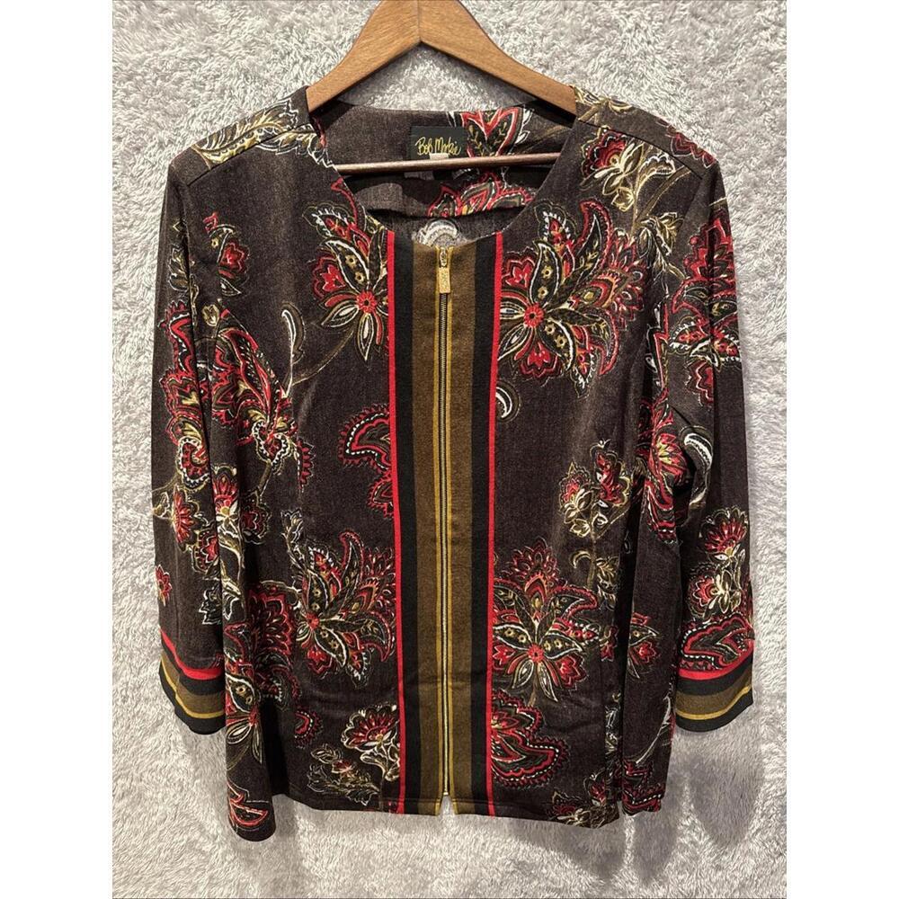 Bob Mackie Zip Down Top Womens 3X Brown Black Red Floral Paisley Artsy Elegant